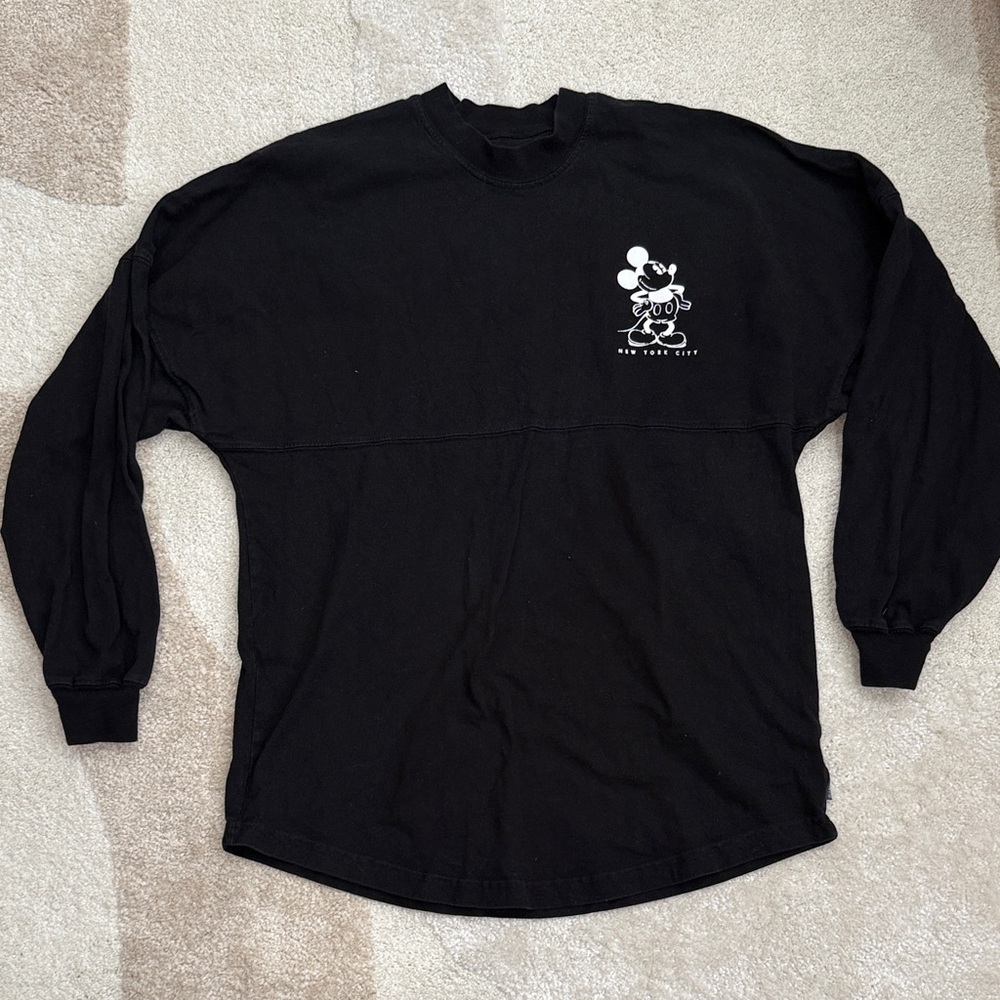 Disney Spirit Jersey Black Long-Sleeve Crewneck with Small White Mickey Graphic